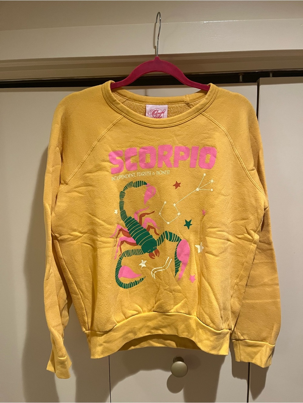 Midnight Rider Yellow Scorpio Graphic Sweatshirt with Pink & Green Print